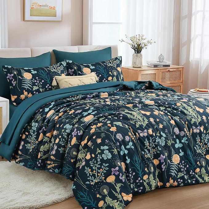 Yiran Floral Full Size Comforter Set, 7 Piece Peacock Blue Comforter Bedding Set, Spring Bed in a Bag with Botanical Flowers Pattern, Soft Microfiber Complete Bedding Set with Sheets for All Season