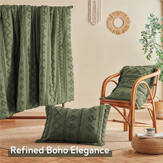 MR&HM Boho Comforter Set Full, Olive Green 7 Pieces Bedding Set, Farmhouse Shabby Chic Bed in a Bag with 1 Comforter, 2 Pillow Shams, 2 Pillowcases, 1 Flat Sheet, 1 Fitted Sheet for All Seasons