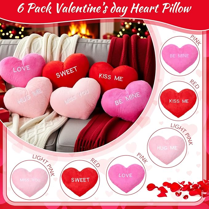Novabright 6 Pcs Valentines Day Heart Pillows 12", Love Heart Shaped Pillow Plush Throw Pillow, Cute Pink Pillows for Gifts Valentines Day Living Room Bedroom Decor(Conversation)