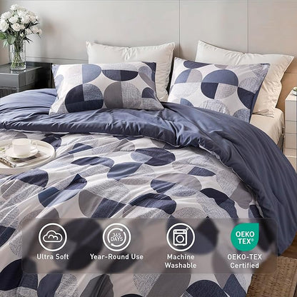 Stylish Three-Tone Printed Queen Size Comforter Set, 3 Pieces Ultra-Soft Microfiber Bedding Set, Warm and Cozy Comforter for All Seasons, Navy Blue & Grey
