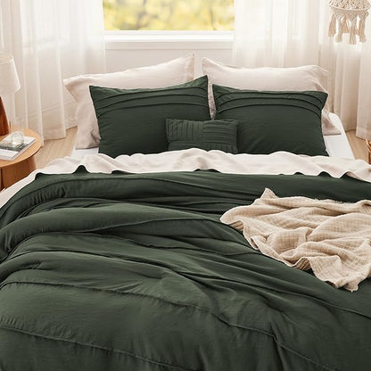 Bedsure California King Comforter Set - 4 Pieces Pinch Pleat Bed Set, Olive Green Boho Bedding for All Season, 1 Soft Comforter, 2 Pillowcases, 1 Decorative Pillow