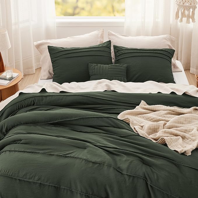 Bedsure Full Comforter Set - 4 Pieces Pinch Pleat Bed Set, Olive Green Boho Bedding for All Season, 1 Soft Comforter, 2 Pillowcases, 1 Decorative Pillow