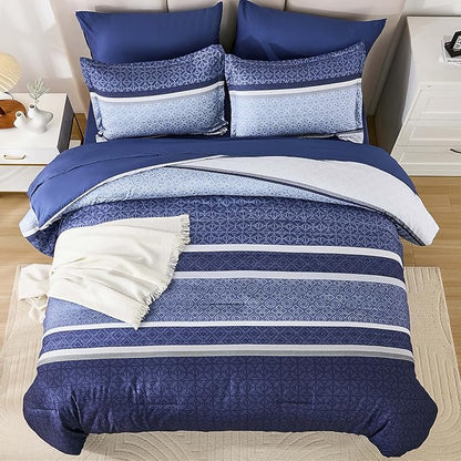 WONGS BEDDING Comforter Set King Size 7 Pieces,Navy Blue Striped Bed in a Bag Comforter and Sheet Set,Patchwork Soft Lightweight Micorfiber Bedding Set for All Seaon (90"×104")