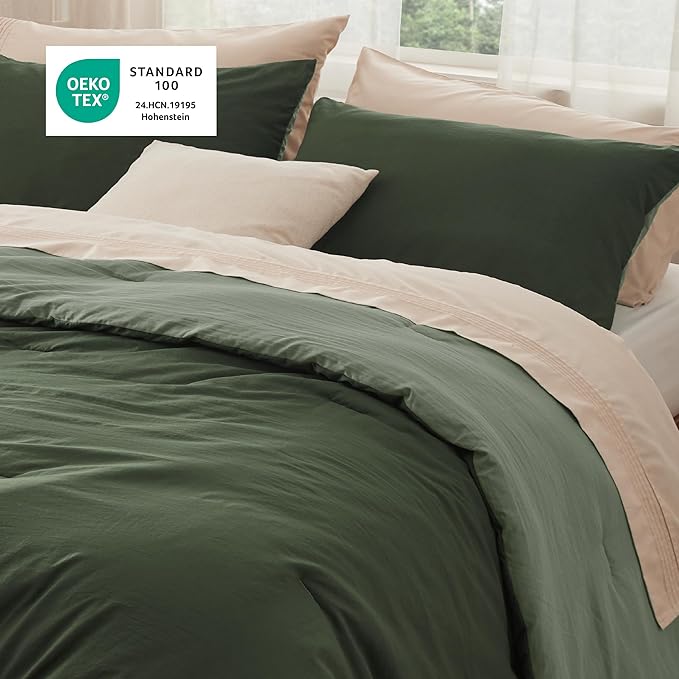 Bedsure Queen Comforter Set, Dark Olive Green Soft Prewashed Bedding for All Seasons, 3 Pieces GentleSoft™ Bed Set, 1 Lightweight Comforter (90"x90") and 2 Pillowcases (20"x26")