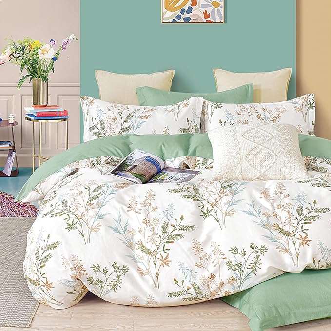 Natural Cotton 3pcs Botanical Comforter Sets King Size-Green Comforter with Luxurious Tan & Gray Leaves on White, Reversible Lightweight Floral Bedding Sets(King 104"×90")