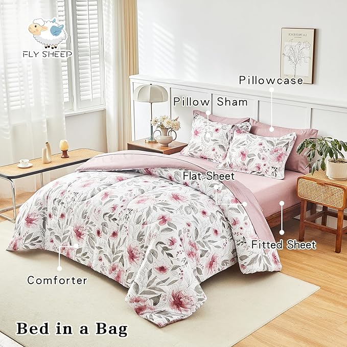 Flysheep Floral Bed in a Bag King Size 7 Pieces, Blush Pink and Grey Elegant Flowers Comforter Bedding Set for All Season (1 Comforter, 1 Flat Sheet, 1 Fitted Sheet, 2 Pillow Shams and 2 Pillowcases)