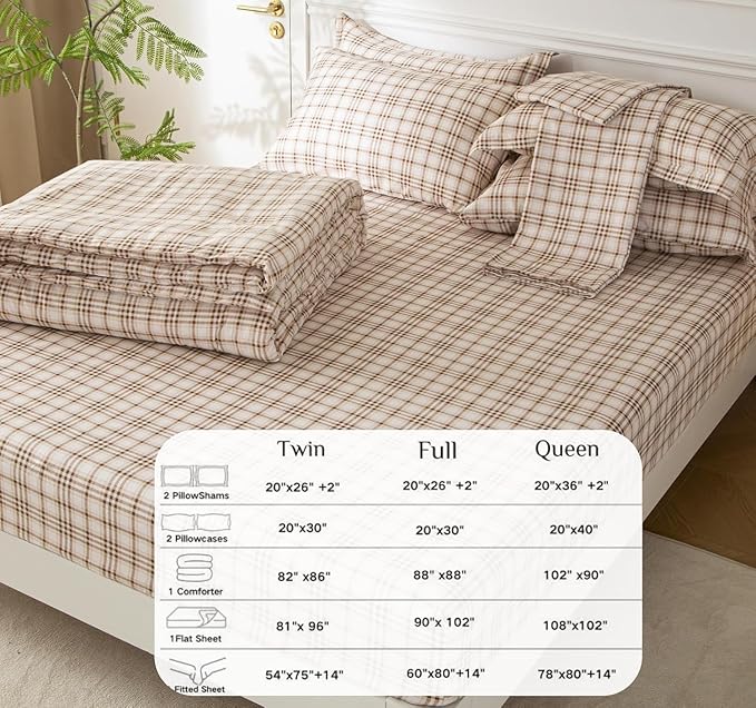 SDY 7 Piece Brown Plaid Comforter and Sheet Set,Queen Size Gingham Bedding Set,Super Soft Microfiber with 1*Comforter,1* Flat Sheet, 1*Fitted Sheet,2*Pillowcases and 2*PillowcaseShams