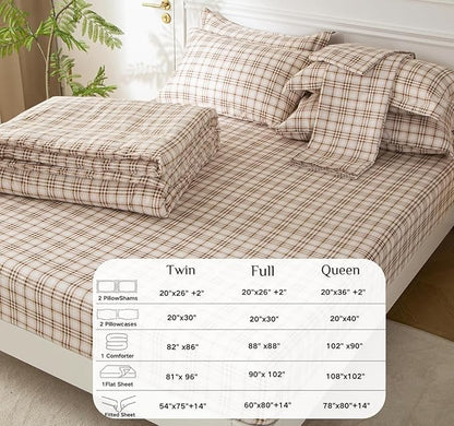 SDY 7 Piece Brown Plaid Comforter and Sheet Set,Queen Size Gingham Bedding Set,Super Soft Microfiber with 1*Comforter,1* Flat Sheet, 1*Fitted Sheet,2*Pillowcases and 2*PillowcaseShams