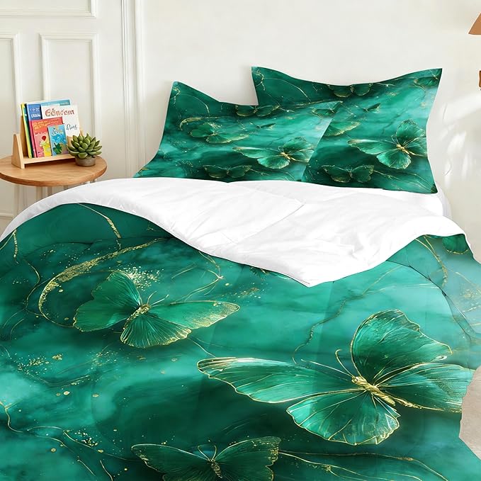Emerald Green Marble Comforter Set Twin Size Teal Dark Green Marbled Bedding Set Modern Marbling Art Glitter Bedding Giltter Butterflies Quilt Set with 1 Comforter + 1 Pillowcase