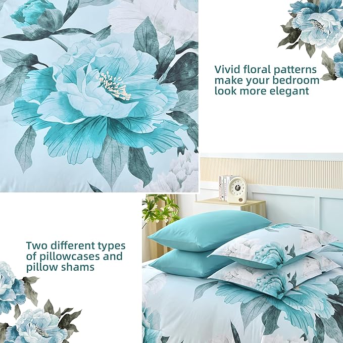 Dobuyly Floral Comforter Set Queen Size 7 Piece Bed in a Bag, Aqua Flowers Printed on Light Blue Comforter Set with Sheets, Soft Polyester Botanical Complete Bedding Set for All Season