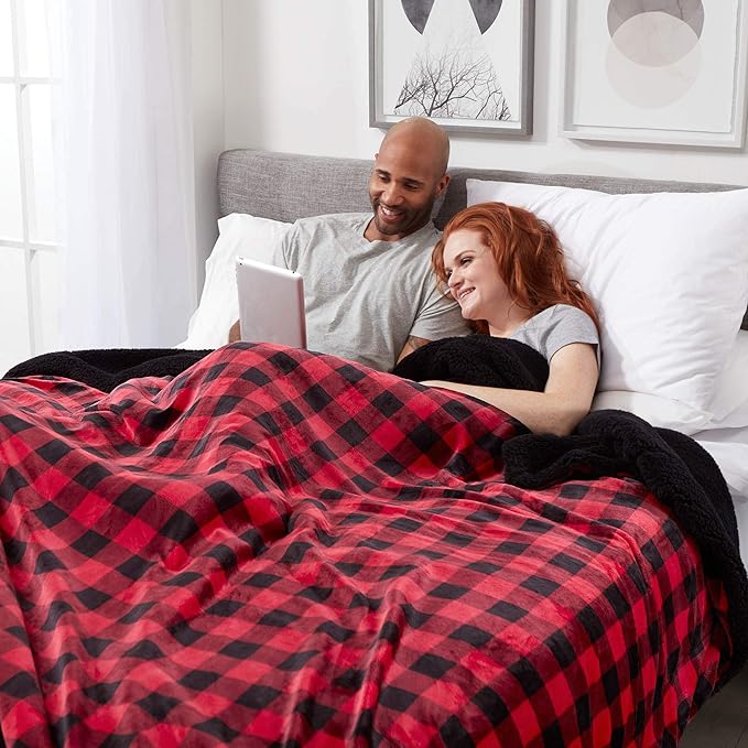 Genteele Sherpa Throw Blanket Super Soft Reversible Ultra Luxurious Plush Blanket, 90 x 90 inches, Buffalo Check Red/Black