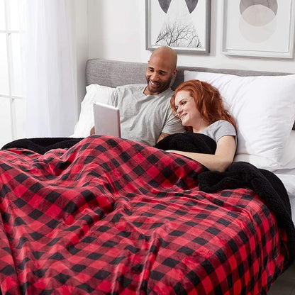 Genteele Sherpa Throw Blanket Super Soft Reversible Ultra Luxurious Plush Blanket, 90 x 90 inches, Buffalo Check Red/Black