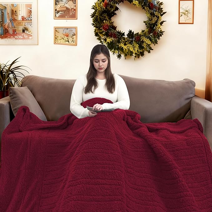 Electric Heated Blanket Throw Size 50"×60" with 9 Heating Levels & 1-10 Hs auto Off, Heating Throw Double Sided Sherpa, Energy Efficient, Machine Washable, for Couch & Office, Red