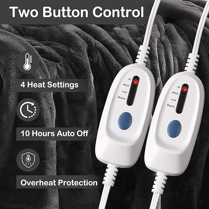 Electric Heated Blanket Queen Size 84"x90", Soft Plush Microplush for Bed, Dual Controllers & Heating Zones, 10Hs Auto Off & 4 Heating Levels, Machine Washable, Gifts for Family-Dark Gray
