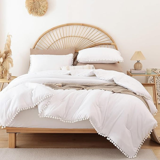 YIRDDEO Twin Comforter Set - Comforter Twin Size Bed with Ball Pom Fringe, Soft Bedding Set for All Seasons - 2 Pieces, 1 Comforter (66"x90") & 1 Pillow Sham(20"x26"), White