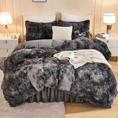 Andency Faux Fur Tie-Dyed Dark Grey Comforter King Size, 3 Pieces Fluffy Fuzzy Plush Bedding Comforter Set (1 Shaggy Velvet Comforter & 2 Pillowcases), Soft Puffy Comfy Down Comforter Bedding Set
