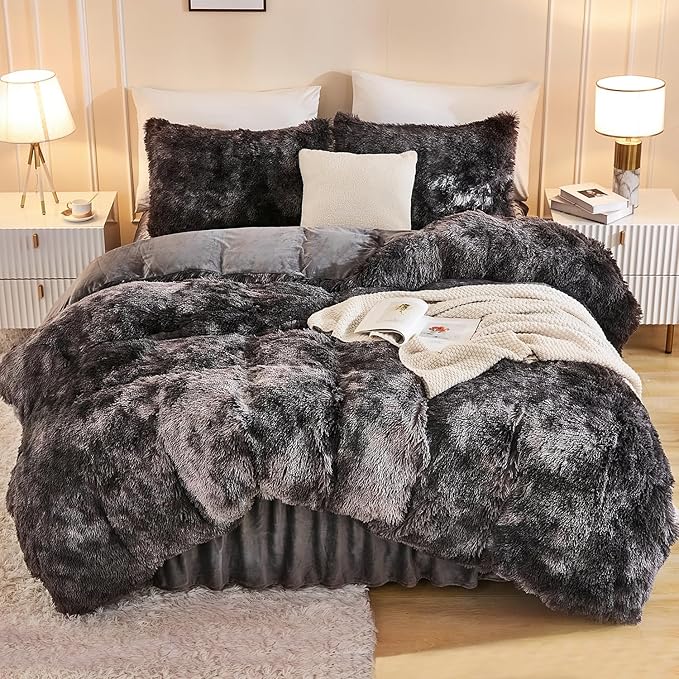 Andency Faux Fur Tie-Dyed Dark Grey Comforter for Queen Size Bed, 3 Pieces Fluffy Fuzzy Plush Bedding Comforter Set (1 Shaggy Velvet Comforter & 2 Pillowcases)