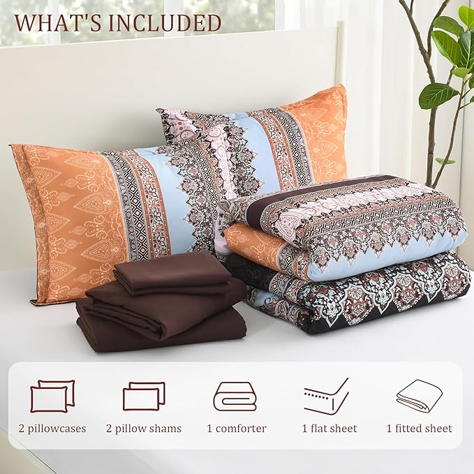 Boho Comforter Set Queen - 7 Pieces Bed in a Bag, Bohemian Striped Comforter Set with Sheets, Soft Microfiber Brown Floral Bedding Set for All Season (Brown, Queen)