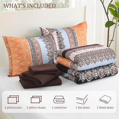 Boho Comforter Set Queen - 7 Pieces Bed in a Bag, Bohemian Striped Comforter Set with Sheets, Soft Microfiber Brown Floral Bedding Set for All Season (Brown, Queen)