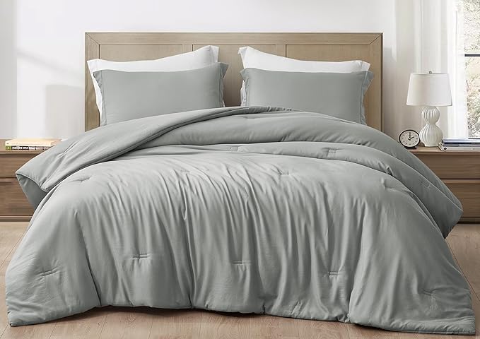 Chezmoi Collection Cliff 3-Piece Lightweight Cooling Comforter Set, King - Rayon Derived from Bamboo & Polyester Blended, Soft Breathable Bedding for Hot Sleepers, Light Gray