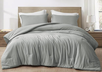 Chezmoi Collection Cliff 3-Piece Lightweight Cooling Comforter Set, King - Rayon Derived from Bamboo & Polyester Blended, Soft Breathable Bedding for Hot Sleepers, Light Gray
