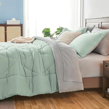 BEDELITE Full Comforter Set 7 Pieces Bed in A Bag - Soft Microfiber Reversible Sage Green Bed Set with Comforters, Sheets, Pillowcases & Shams, Cozy Luxury Bedding Sets for All Season