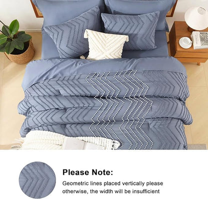 Litanika California King Size Comforter Set with Sheets Bluish Grey - 7 Pieces Bed in a Bag Cal King Chevron Tufted Complete Bedding Sets with Comforter, Sheets, Pillowcases & Shams