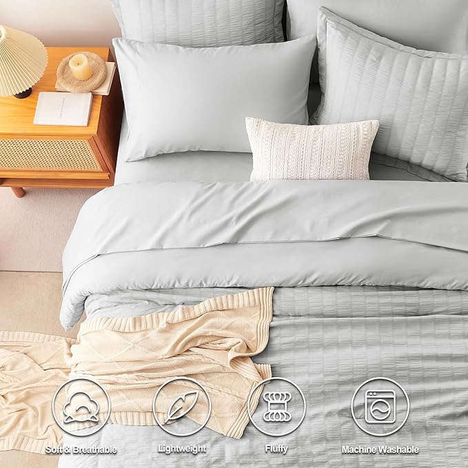 CozyLux Oversized King Comforter Set Light Grey Seersucker 7 Pieces Bed in a Bag King Comforter Set with Sheets, Luxury Soft Bedding Set with Down Alternative Comforter, Sheets, Pillowcases & Shams