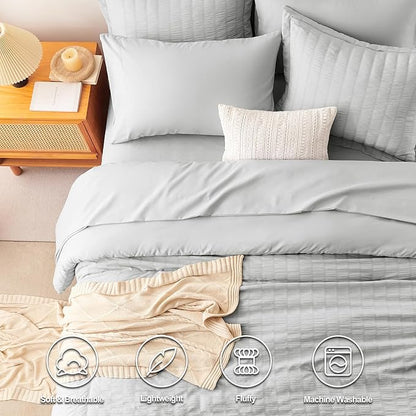 CozyLux Oversized King Comforter Set Light Grey Seersucker 7 Pieces Bed in a Bag King Comforter Set with Sheets, Luxury Soft Bedding Set with Down Alternative Comforter, Sheets, Pillowcases & Shams