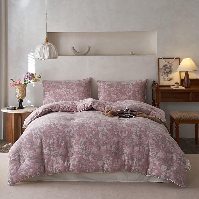 MKXI Double Layer Muslin Cotton Comforter Set Farmhouse Old Pink Floral Comforter Twin XL Shabby Chic Bedding Comforter Set Soft Breathable French Country Bed Comforter for All Season