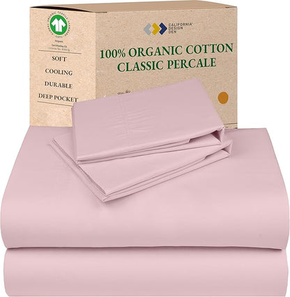 California Design Den Full Bed Sheets Set - Soft 100% Organic Bed Sheets with Deep Pockets, Crisp Percale, Breathable and Durable Bedding Set (Pink - Chalky Tone)