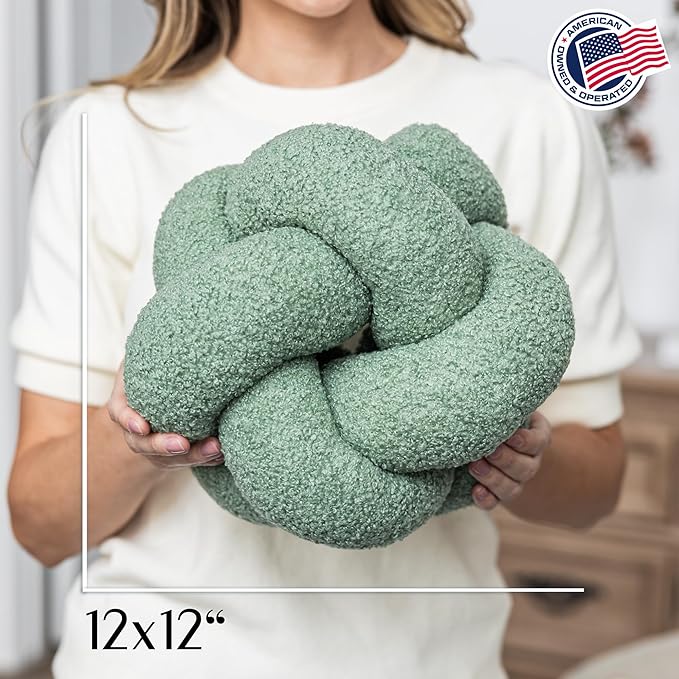 SAMIAH LUXE Sage Green Knot Pillow Ball 12" for Home Decor, Living Room, Teddy Boucle Knotted Decorative Pillow