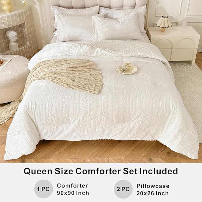 Boho Comforter Set Queen Size Striped Pleats Bohemian Seersucker Bedding Set All Season Soft Cozy 3 Pieces Quilt with 2 Pillowcases(90"X90" White)