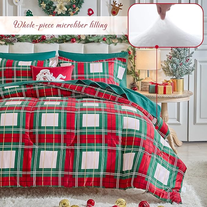 Tititada Christmas Plaid Bed in a Bag 7 Pcs King Size, Green and Red Buffalo Grid Bedding Comforter Set Warm for Winter(1 Comforter, 1 Flat Sheet, 1 Fitted Sheet, 2 Pillow Shams, 2 Pillowcases)