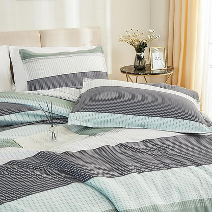 Litanika King Size Comforter Set Sage Green - 3 Pieces Lightweight Quilt Bedding Comforter Sets, Light Green White Colorblock Stripe Fluffy Bed Set, All Season Down Alternative