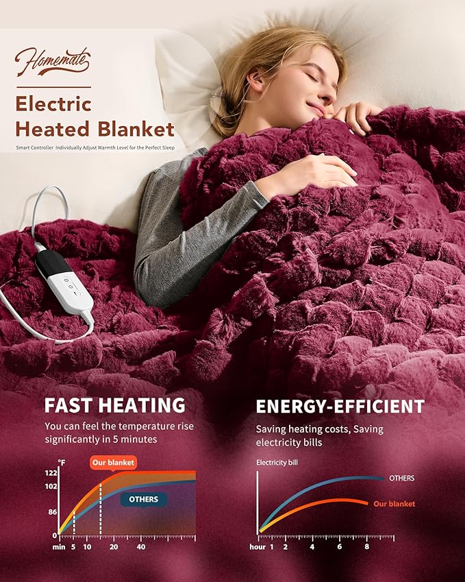 Homemate Heated Blanket Electric Throw - 50"x60" Heating Blanket Throw 4 Hours Auto-Off 10 Heat Levels Over-Heat Protection Luxury 800 GSM Faux Fur 200 GSM Sherpa ETL Certification
