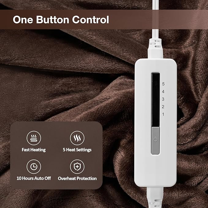 Electric Heated Blanket Full Size 72"x84",Fast Heating Throw, Soft Microplush for Bed & Couch, 10 Hours Auto Off & 5 Heating Levels, Machine Washable, Gifts for Grandma & Family-Dark Brown
