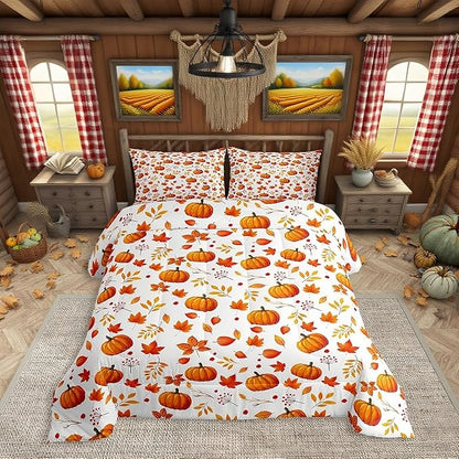 Erosebridal Happy Fall Comforter Set - Halloween Pumpkin Autumn Bedding Sets King, Cute Flowers Maple Leaves Quilted Thanksgiving Comforter Gifts for Kids Boys Girls Home Bedroom Decor 3 Pcs