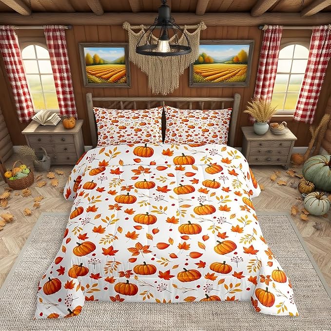Happy Fall Comforter Set - Pumpkin & Maple Leaves Bedding Quilted Comforter - Thanksgiving Gifts for Kids - 2 Pcs