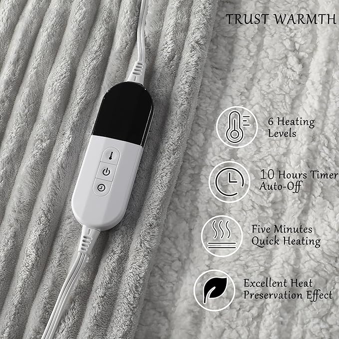 Electric Blanket Heated Full Blanket, Super Soft Flannel & Sherpa Electric Full Blanket with 6 Fast Heating Levels, 10 Hours Auto Off & OverHeat Protection, Machine Washable, 72'' X 84'', Light Gray