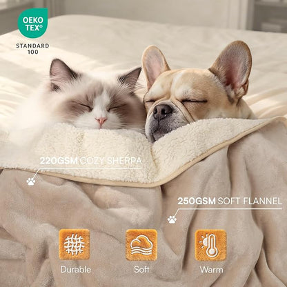 Luciphia Waterproof Pet Blanket, Liquid Pee Proof Dog Blanket for Sofa Bed Couch, Reversible Sherpa Fleece Furniture Protector Cover for Small Medium Large Dogs Cats, Khaki+Beige Large（65" x 57"）