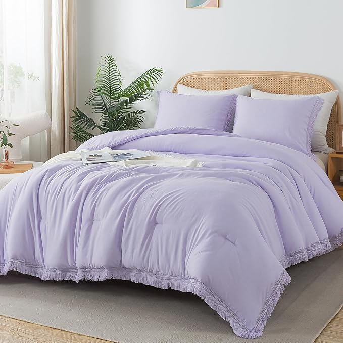 Andency Comforter King Size Bed Set Lavender, Purple 3 Pieces Boho Lightweight Winter Bedding Comforters & Sets, All Season Soft Tassel Bed Set (104x90In Comforter & 2 Pillowcases)