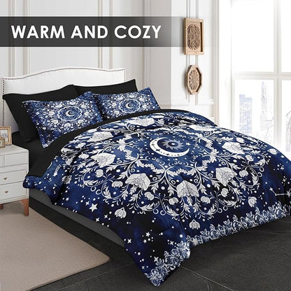Comforter Set Full Size, Astrology Sun Moon 7 Pcs Bedding for Kids and Adults, Blue Starry Flower Bed Sheet Sets with Fitted Sheet 2 Pillowcases & 2 Shams for Bedroom Bed Decor