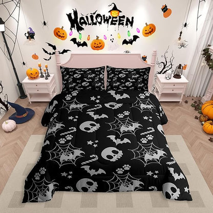 Erosebridal Cute Gray Halloween King Bedding Set Spider Web Skull Bat Comforter Set Spooky Goth Gothic Animal Bed Collections Horror Halloween Duvet Quilt Sets for Kids Teens Adults