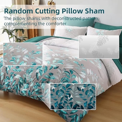Anibedding 7 Pieces Teal Green King Bed in a Bag Set, Green Botanical Gradient Leaves Ultra Soft Microfiber Down Alternative Bedding Set with Sheets and Bedroom for All Season