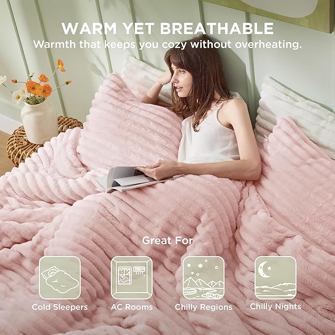 Bedsure Twin/Twin XL Comforter Set - GentleSoft™ 2 Pieces Fluffy Double-Side Fleece Comforter Set, Cozy Striped Room Decor Aesthetic, Luxury Pink Twin Bedding with 1 Pillowcase, 68x88 Inches