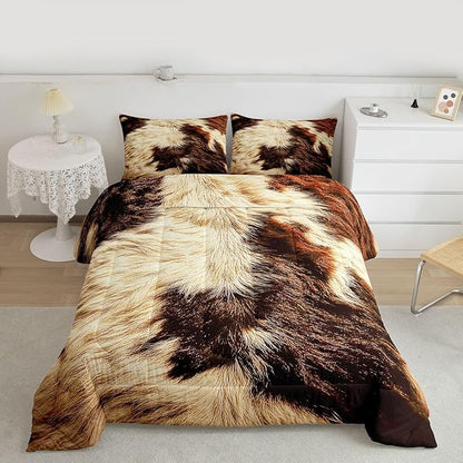 Erosebridal Cow Print Comforter Set King Cowhide Bedding Sets Adult Women Men Highland Cow Fur Comforter Western Farm Wild Animal Down Comforter Brown White Bull Cattle Skin Duvet Insert 3Pcs