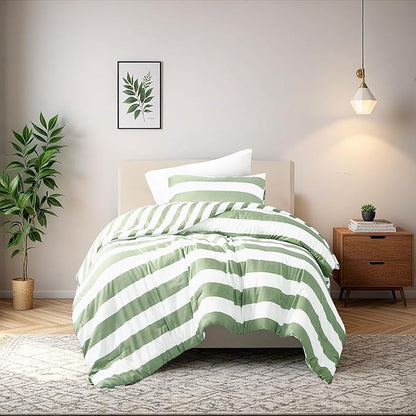 Reversible Striped Twin Comforter Set, Soft Microfiber Bedding Set with Double-Sided Stripes Design, Warm & Cozy for All-Seasons, 2-Piece Comforter and Sham Set Twin Size, Sage Green