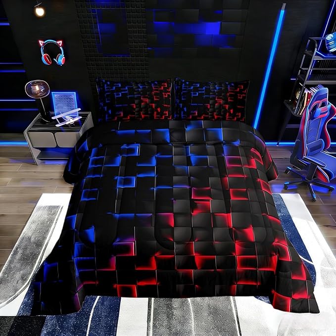 Erosebridal Geometric Checkered Boys Bedding Set Full Size Neon Red Blue Comforter Set for Kids Teen Men Gamer Room Decor,Abstract Ombre Plaid Comforter Grids Quilt Duvet Black