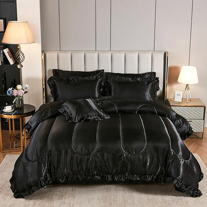 Satin Comforter Set with Sheet Set Full 8 Pcs Silk Like Black Bedding Set Silky Ruffle Pattern Luxury Silky Comforter Set with 1 Cushion Cover